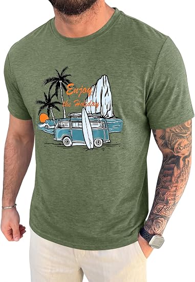 Runcati Mens Short Sleeve T-Shirts Graphic Crew Neck Summer Beach Shirt